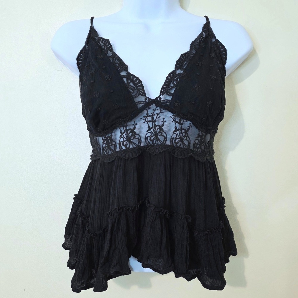 Free People Embroidered Mesh Cami Babydoll Top Sz M Black Y2K Fairy Grunge Goth